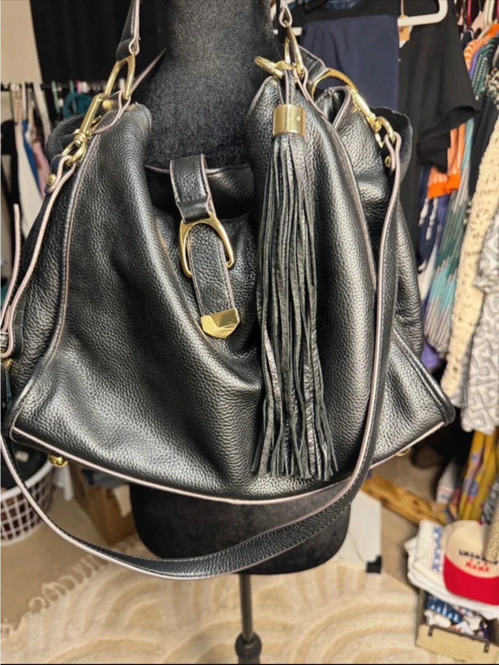 Classic Black Leather Fringe Hobo Bag with Gold Hardware